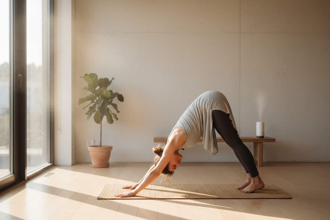 En kvinna utför yogapositionen nedåtgående hunden på en matta i ett ljust rum.